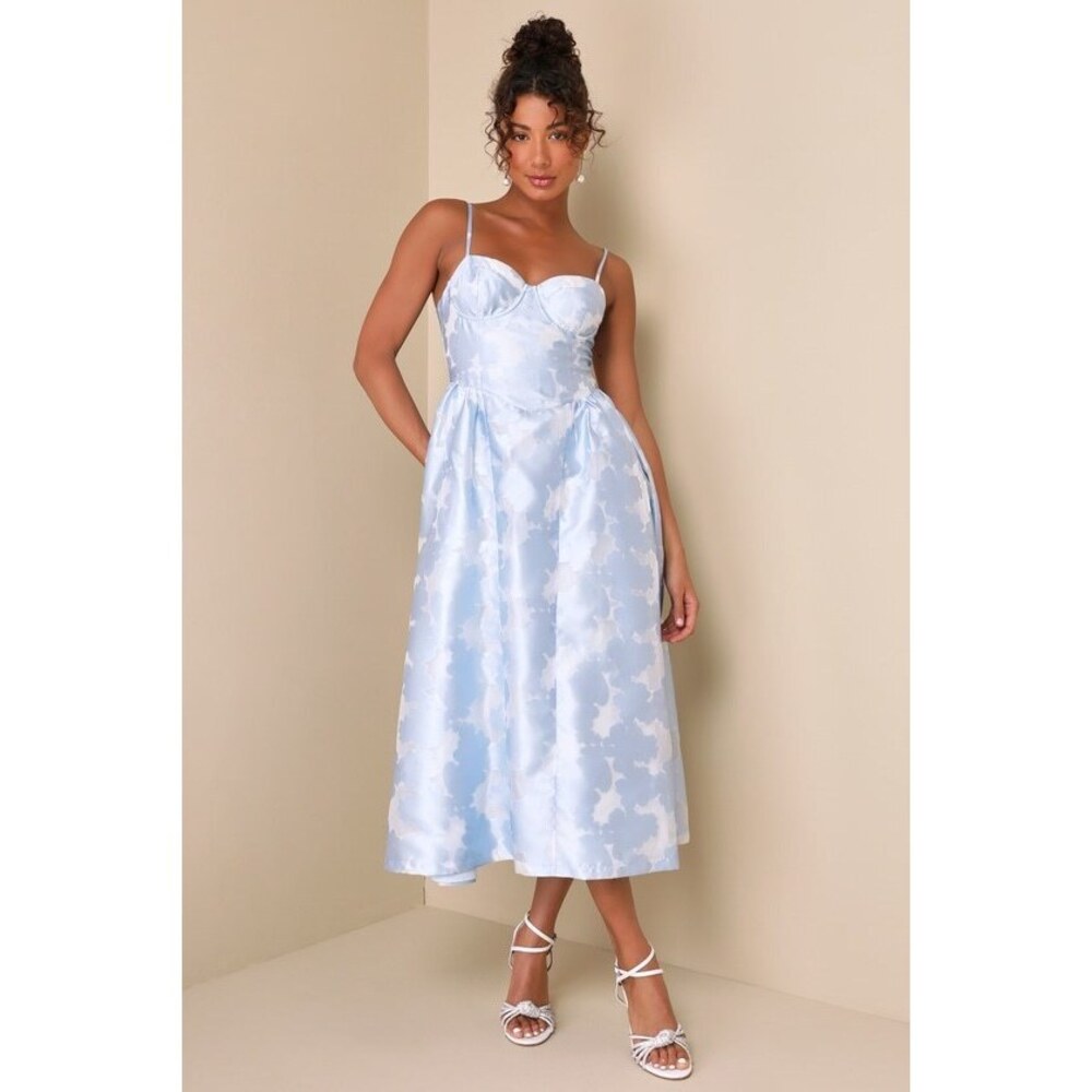 Lulus Gorgeous Destiny Light Blue Burnout Jacquard Bustier Midi Dress - Size M